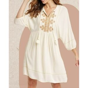 Womens Knox Rose Embroidered Cream Peasant Dress With 3/4 Sleeves & Tassels - XS